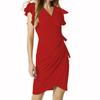 Women's Dress Temperament V-neck Waisted Drawstring Pleated Flared Sleeve Hip Package Slim Dresses