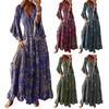 Women Maxi Dress V-neck Colorful Print Horn Sleeve High Waist Loose Hem Dress-up