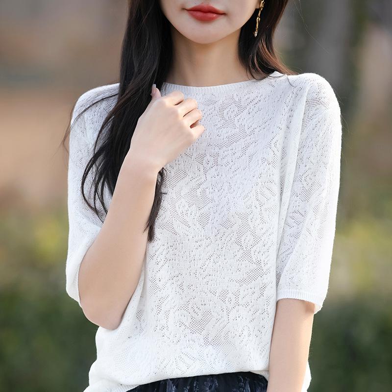 Весенний новый тонкий шерстяной ажурный трикотажный топ с короткими рукавами XXL
