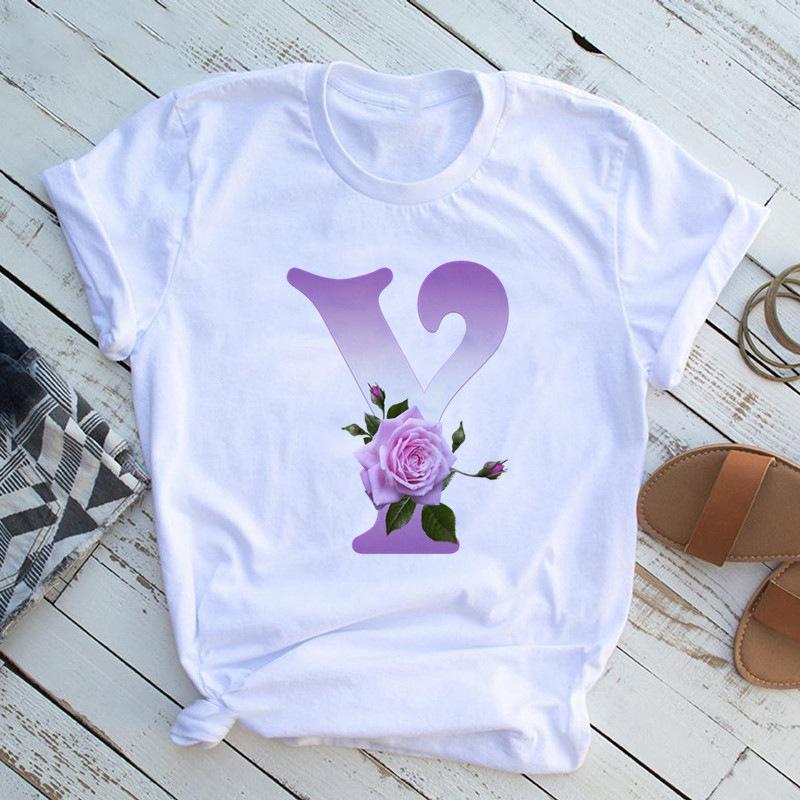 New English Name Rose Monogram Printed Tshirt Flower Short Sleeve Top Tshirt Women Clothing Graphic T Shirts Tops Aesthetic
