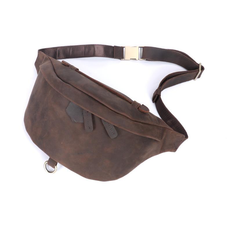 Crazy Horse Leather Men's Bag Waist Bag, Multi Functional Large Capacity Outdoor Sports Leather Phone Bag, Genuine Leather Cross Chest Bag