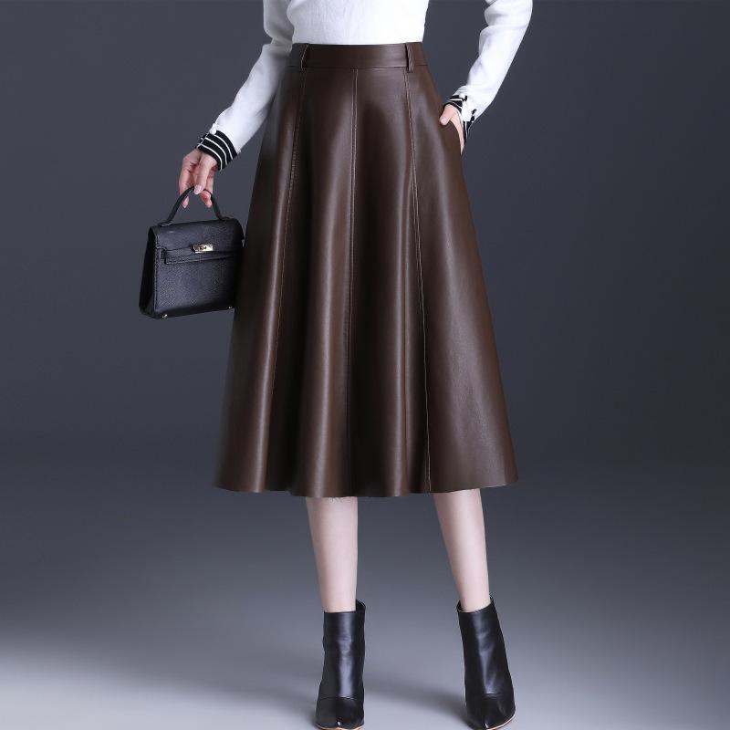 Women's High Waist Lambskin A-Line Midi Skirt - Autumn/Winter 2025 Trendy Leather Umbrella Skirt