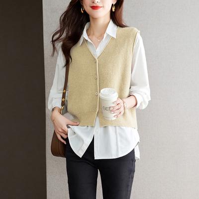 Chaleco Suéter para Mujer con Nuevo Estilo de Chaleco de Primavera Cuello en V Holgado Tejido Crans Exterior