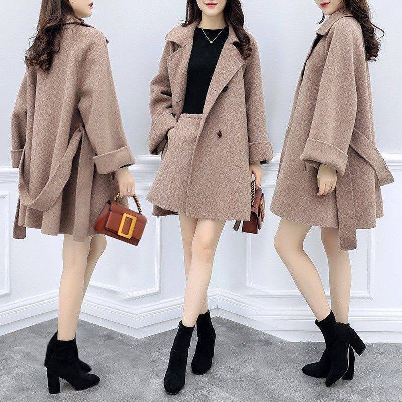 Women Winter Long Slim Woolen Blend Coat and Short Skirt Suit Women Woolen Coat Jacket Casual Outerwear Elegant