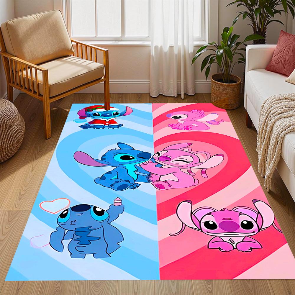Stitch Adventure In Flowers Disney Cartoon Theme Anti-Slip Rug - Polyester, Home Decor, Suitable for Bedrooms, Living Rooms, Doorways, and Studios