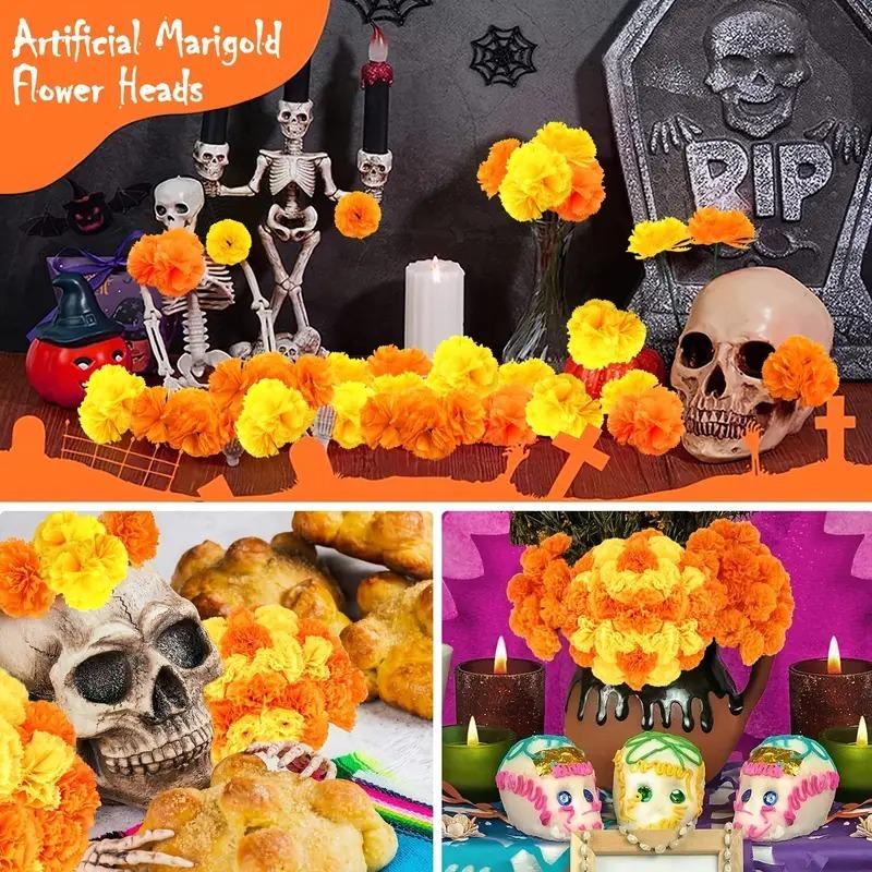 2.17 InchMexican Marigold Artificial Flowers Day of The Dead DIY Garland String Halloween Diwali Party Home Outdoor Decoration