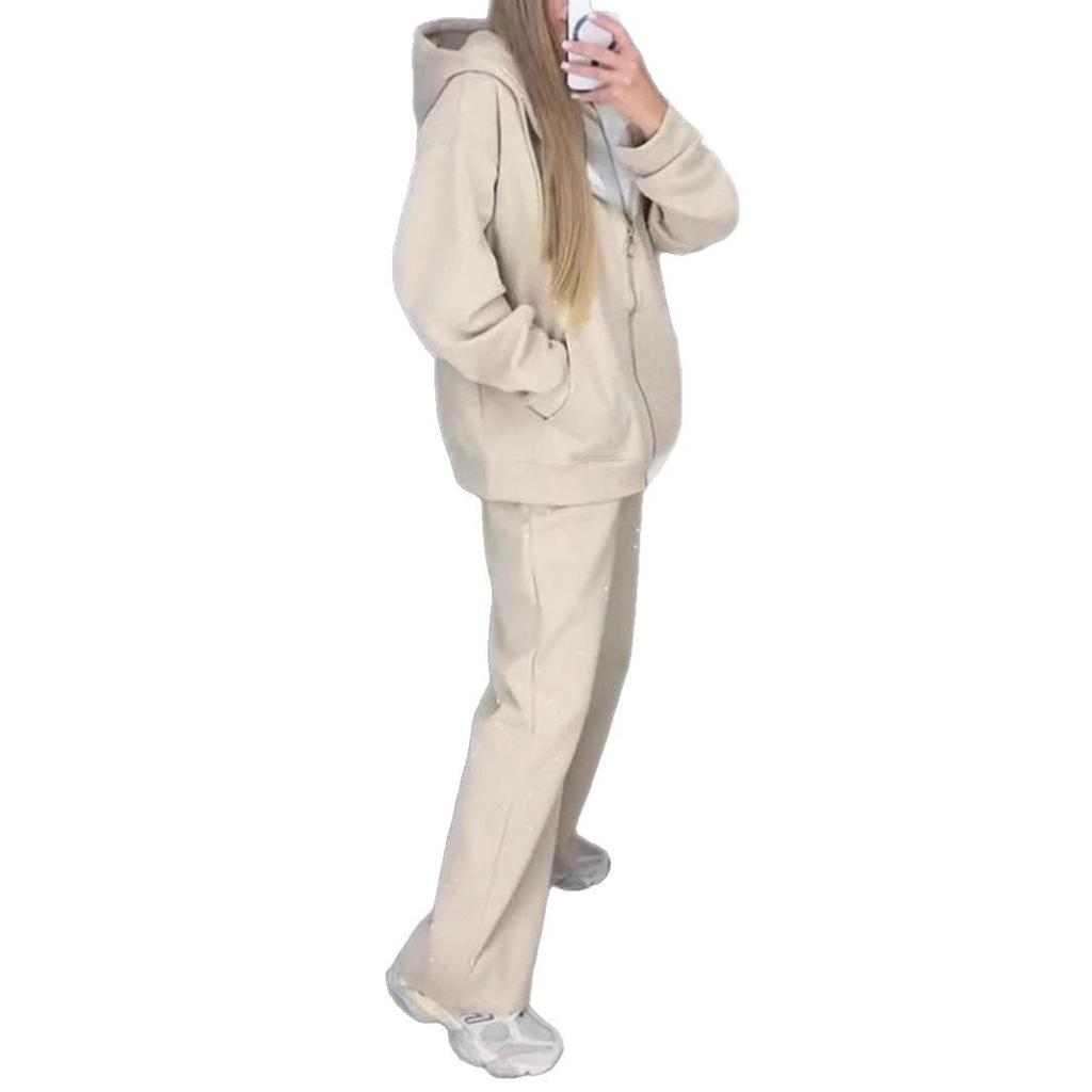 Europejski i Amerykański Zestaw Dwuczęściowy: Bluza z Kapturem i Szerokie Spodnie - Damski Casualowy Zestaw Sportowy na Jesień/Zimę z Zamkiem Błyskawicznym i Pełnym Detalingiem z Kryształków