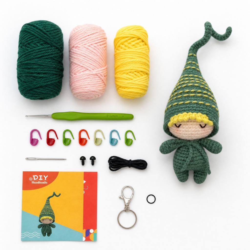 Handmade Crochet Doll Kit Forest Elf Amigurumi DIY Craft Set Includes Yarn Hook Needles Stitch Markers Keychain Accessories