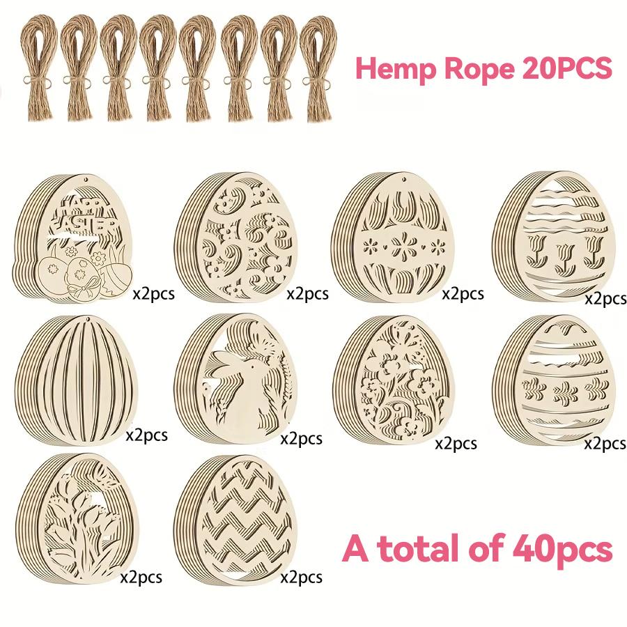 

40/80pcs Wooden Easter Eggs Craft Kit with 40 Strings & 40 Blank Wooden Tags DIY Hanging Easter Decorations Craft Supplies