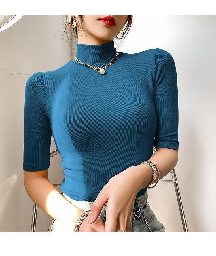 Elastic Slim Cotton Turtleneck T Shirts For Women Casual Short Sleeve Tee