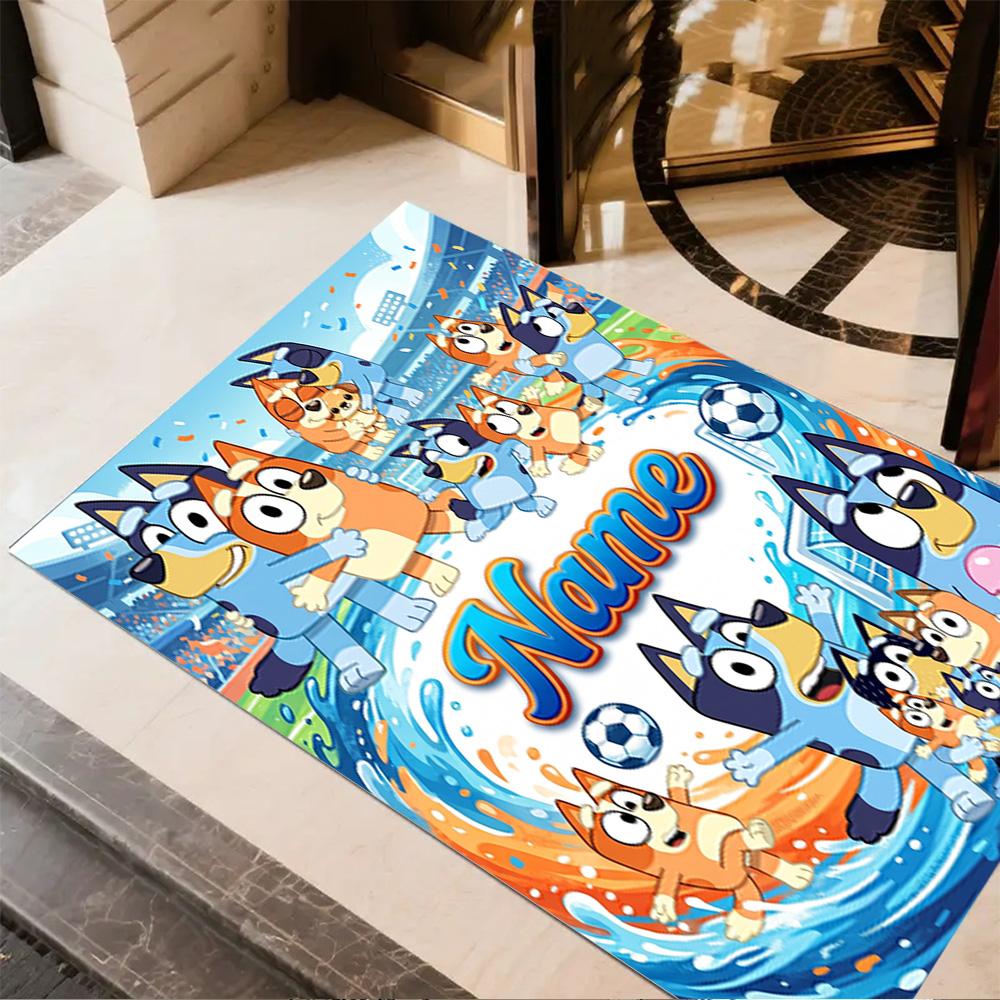 Bluey's Soccer Fun Customized Name Floor Mat Perfect for Study room Foyer Decorate room Playrooms Anti-slip Rug Decorate Offices