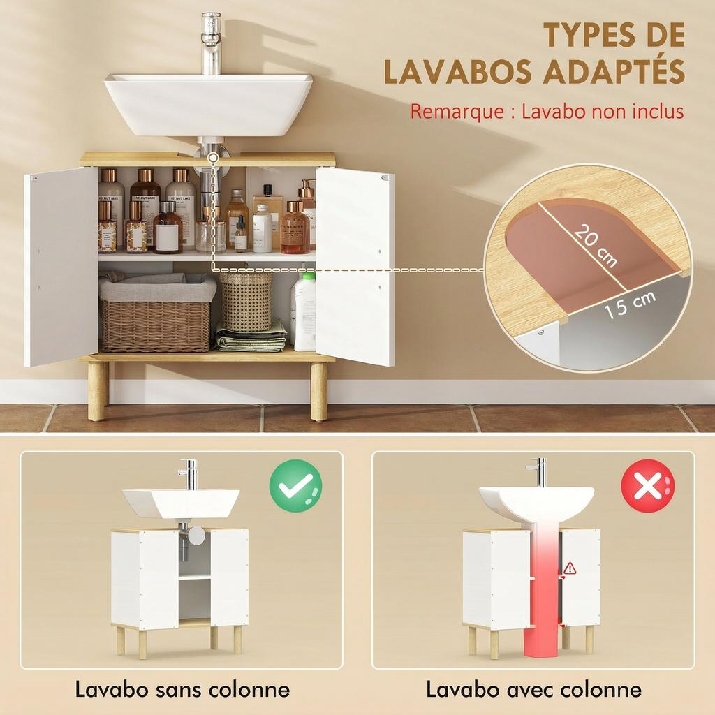 Bathroom Under-Sink Cabinet, 2 Doors, Adjustable Shelf, 60 x 30 x 61 cm, White