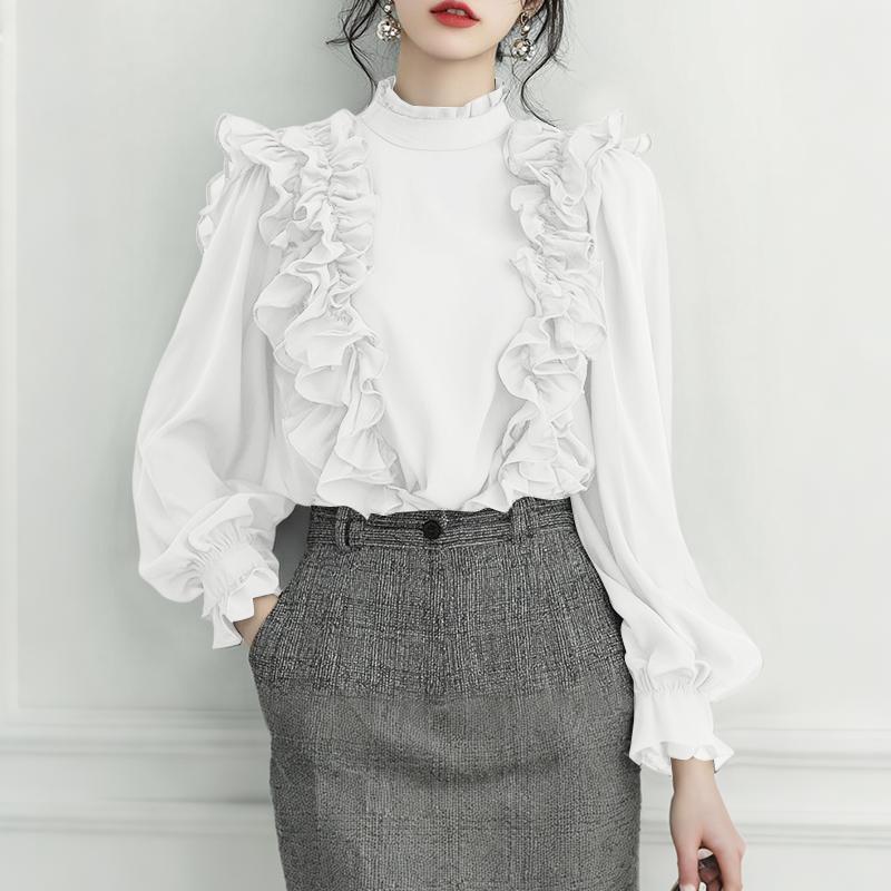 ZANZEA Blouse Décontractée Femme Col Montant Manches Longues Volants Épissure Ample