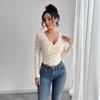 Camiseta de Manga Larga Lisa Sexy de Encaje con Cuello en V para Mujer Primavera Moda Femenina Diaria Básica Oficina Señora Casual Ajuste Delgado Elegante para Mujer Camiseta de Manga Larga