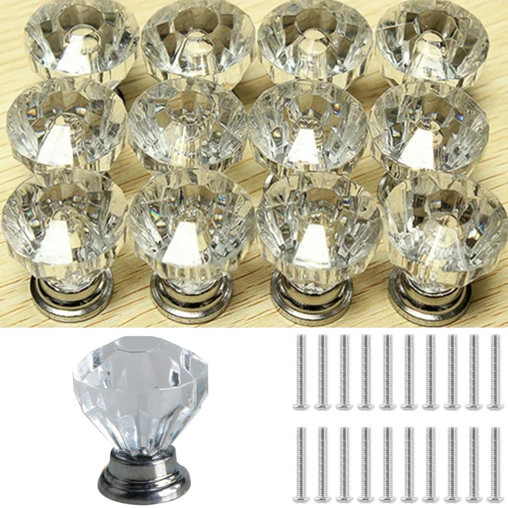 12/20Pcs 30mm Door Knobs Set Colorful Diamond Clear Crystal Glass Zinc Alloy Auxiliary Cabinet Wardrobe Handles Drawer Pull