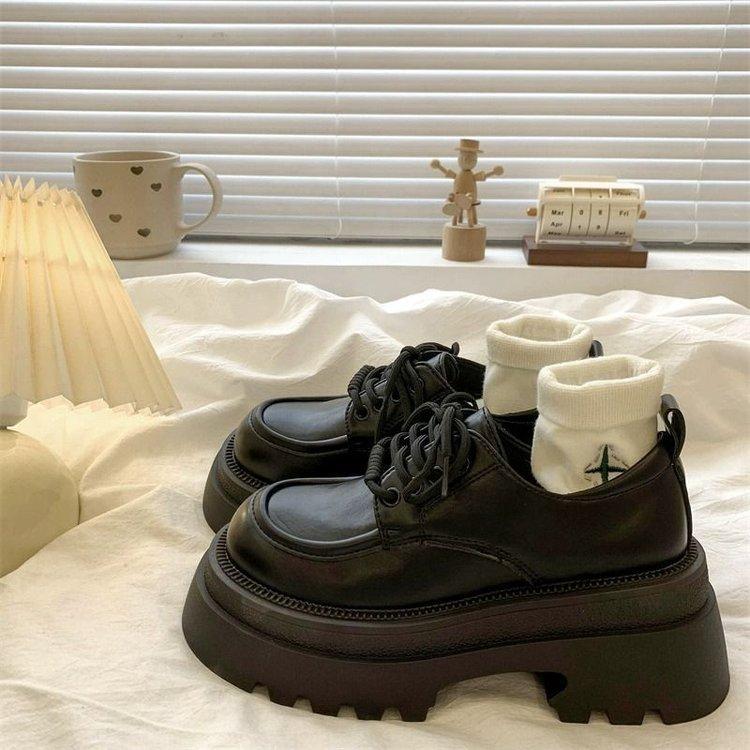 Platform thick heel small leather shoes women's British style 2025 spring new big head high heel lace-up Mary Jane Love single shoes
