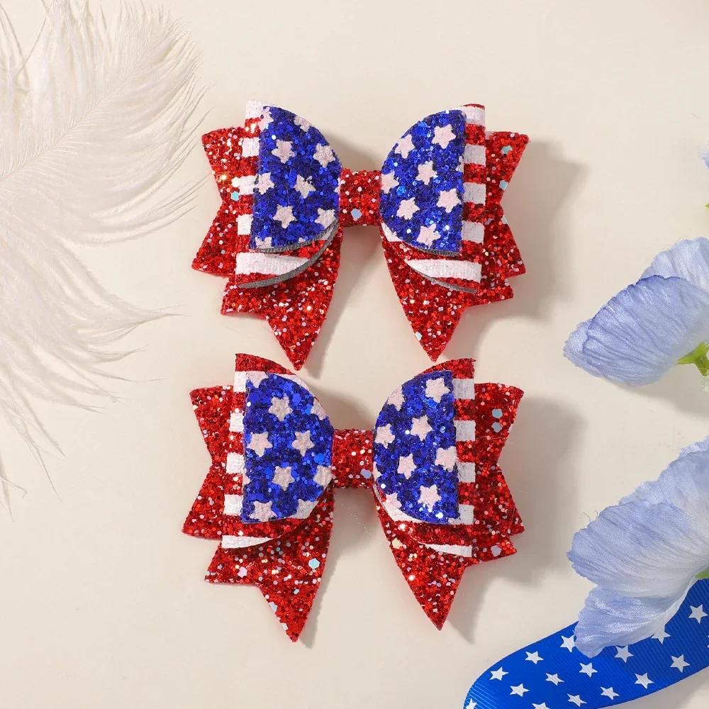 2pcs/set Glitter Hair Bows Clips Independence Day Party for Kid Girls Barrettes Hair Clip Headwear Children Hair Accessories