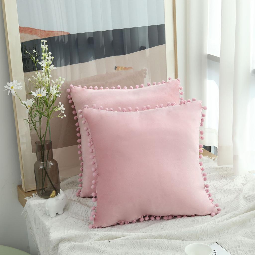 LMETJMA 1 Piece Burgundy Throw Pillow Covers with Pom Pom Velvet Euro Plush Cushion Covers for Sofa Couch Bedroom JT417