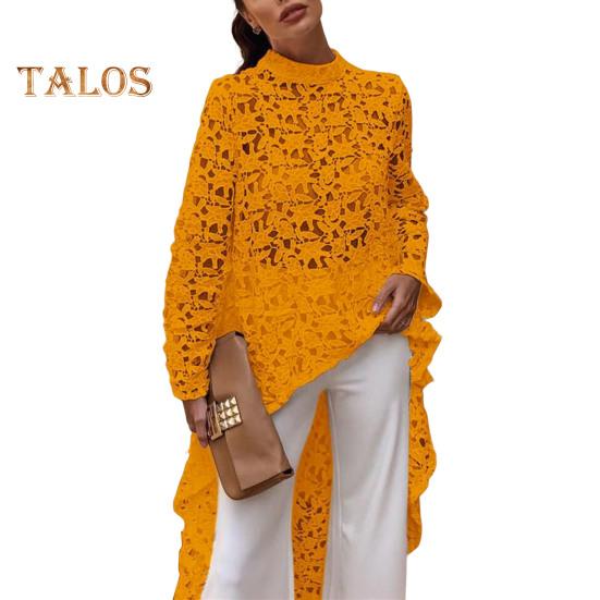 Dámská dlouhá top s výřezem, nepravidelná háčkovaná krajka, květinový patchwork, průsvitná krátká přední a zadní halenka s polovičními výstřihem a dlouhým rukávem