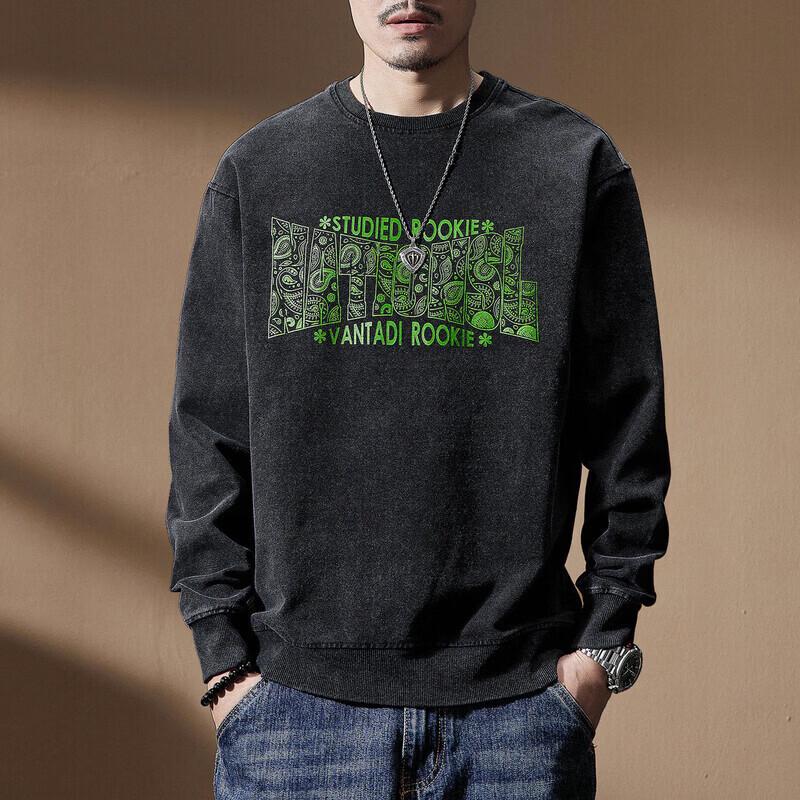 Men s American Style Heavyweight Distressed Wash Printed Crewneck Sweatshirt 2XL