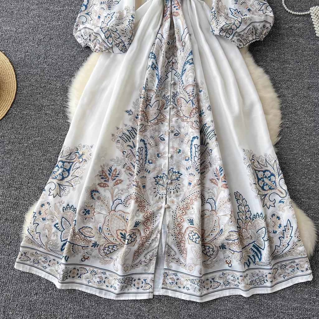 Summer Women Vintage Lond Dress Fashion Print A Line Ruffled Elegant Floral Party Dress Ladies Long Sleeve Long Woman Dresses