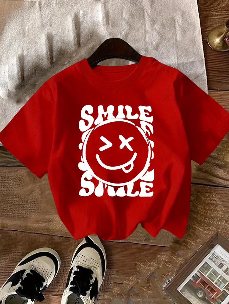 2026 Summer Fashion Round Neck Pure Cotton Tshirt for Girls with Letter Smiley Face Cute Shortsleeved Breathable Casual Top