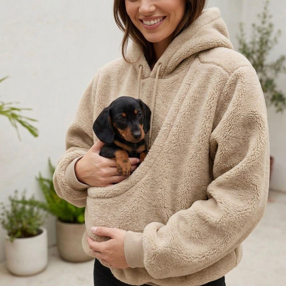 Soft Plush Cat Pocket Sweatshirt Solid Color Pet Holder Pullover Hooded Sweatshirt Autumn Winter
