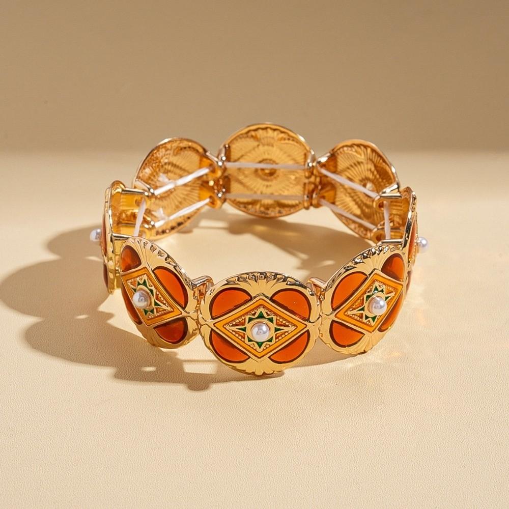 Imitation Pearl Wide Metal Bangles Luxury Jewelry Geometry Hand Ring Retro Drip Oil Bracelet Party