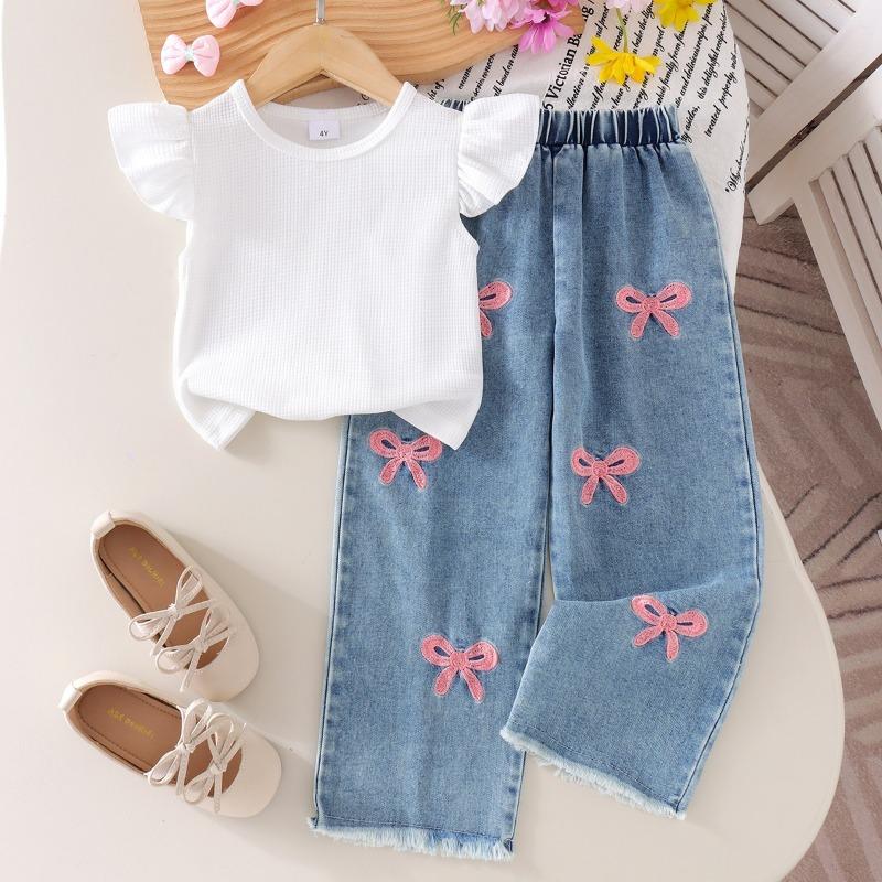 Girls' Fashion Set - Summer Children's Casual Bow Embroidered Denim Pants Set