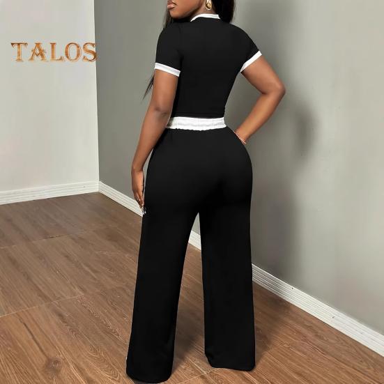 Conjunto de dos piezas de verano para mujer, cuello redondo, manga corta, top corto, pantalones anchos con cordón, conjunto de chándal informal para estar en casa