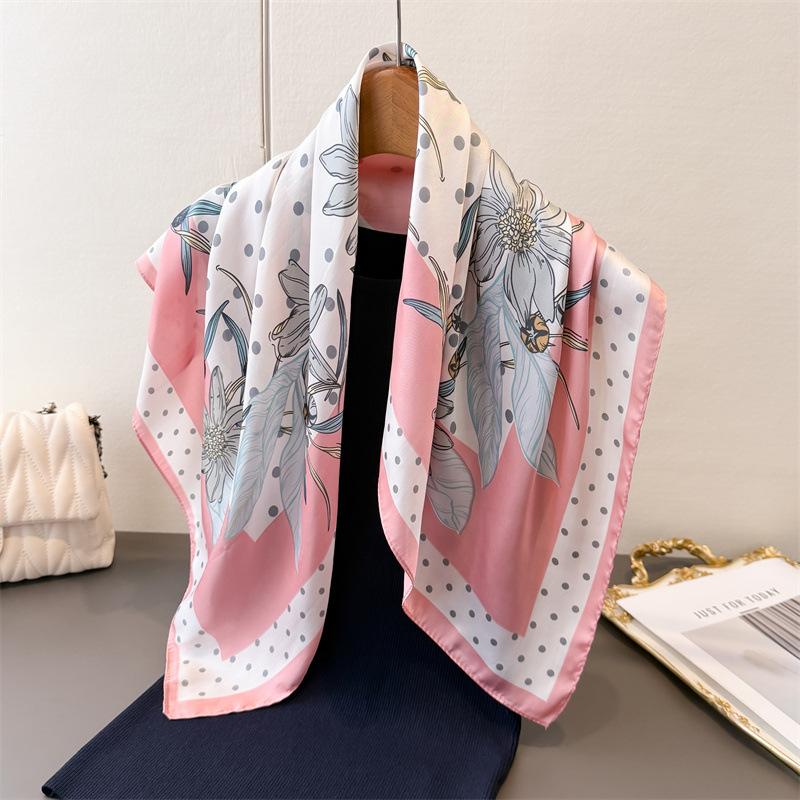 Flower Polka Dot Printing Imitation Silk Scarf Square Scarf High-End Shawl Versatile Neck Small Square Scarf Headscarf Scarf Women