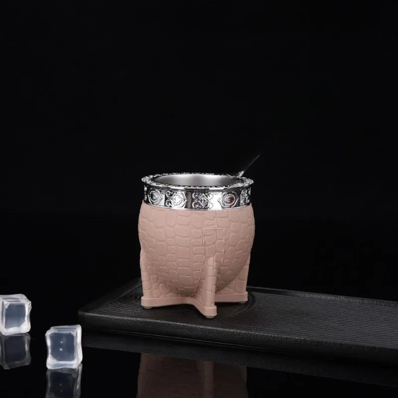 Tazza Mate a Doppio Strato in Acciaio Inossidabile con Cannuccia Cucchiaino Texture Guscio d'Uovo Tazze con Fondo Piatto Tazze Creative da Cucina Bicchieri da Bevande