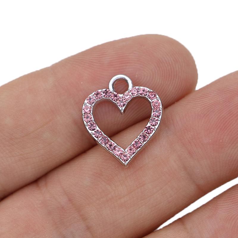 10Pcs Silver Plated Pink Crystal Heart Charm Pendant For Jewelry Making Earrings Bracelet Necklace Accessories Diy Findings
