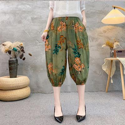 Summer Retro Loose Elastic High Waisted Harem Pants Ethnic Print Seven Quarter Pants Lantern Pants for Women