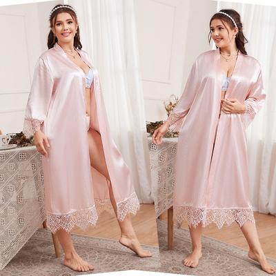 Plus Size Summer Pajamas Simple Casual Cardigan Pajamas Long-sleeved Household Clothes Medium Length Bathrobe Ice Silk Pajamas Women