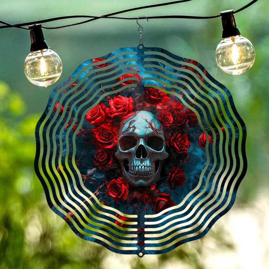 Kaijit - 1pc Mandala Inspired 2D Rose Skull Pattern Wind Spinning Wind Chime, Garden & Patio Decoration - Metal Hanging Ornament, No Battery Required