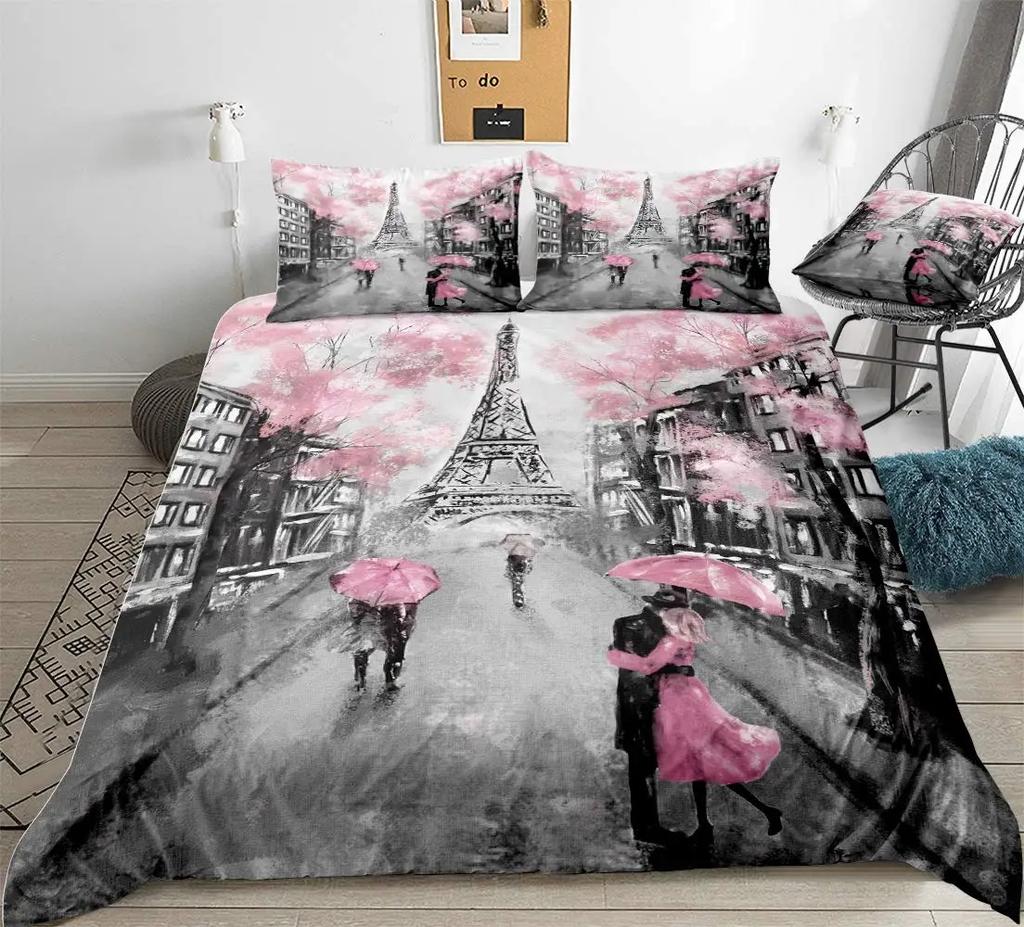 Eiffeltårnet Dynetrekk Set King/Queen Size Paris Theme Sengetøysett Jenter Tenåringer,Famous French Grey Byscape Style Dynetrekk