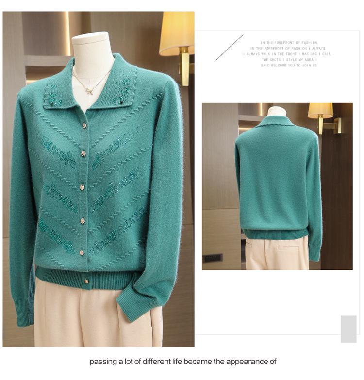 Elderly Women's Pure Wool Knitted Cardigan, Loose Plus Size Outerwear for Spring and Autumn