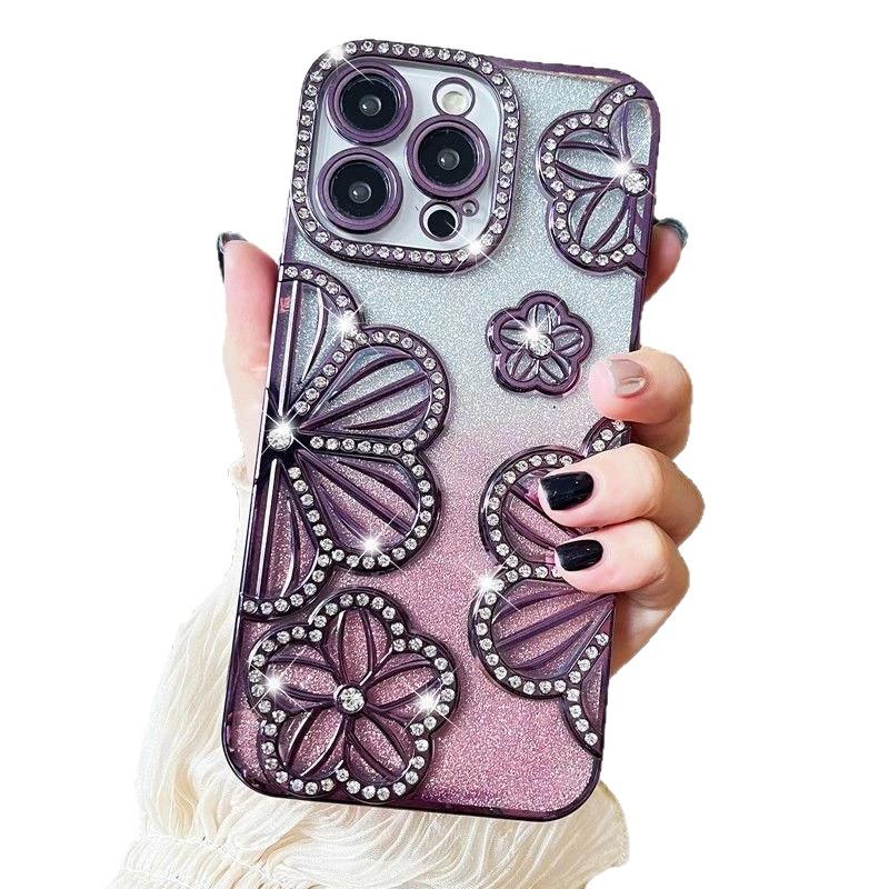 Glitzernder Farbverlauf Strass Blume Handyhülle für Apple 17 Pro Max - Mädchenhafter Stil (Passend für 11/12/15/16)