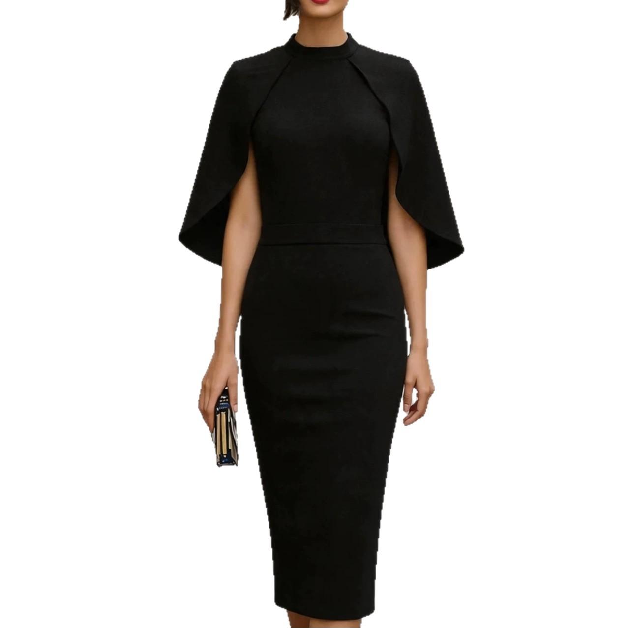 Damen Bordeauxfarbenes Cape-Ärmel Bodycon Kleid Elegantes Hoher Kragen Büro Arbeits Midi Kleid M schwarz