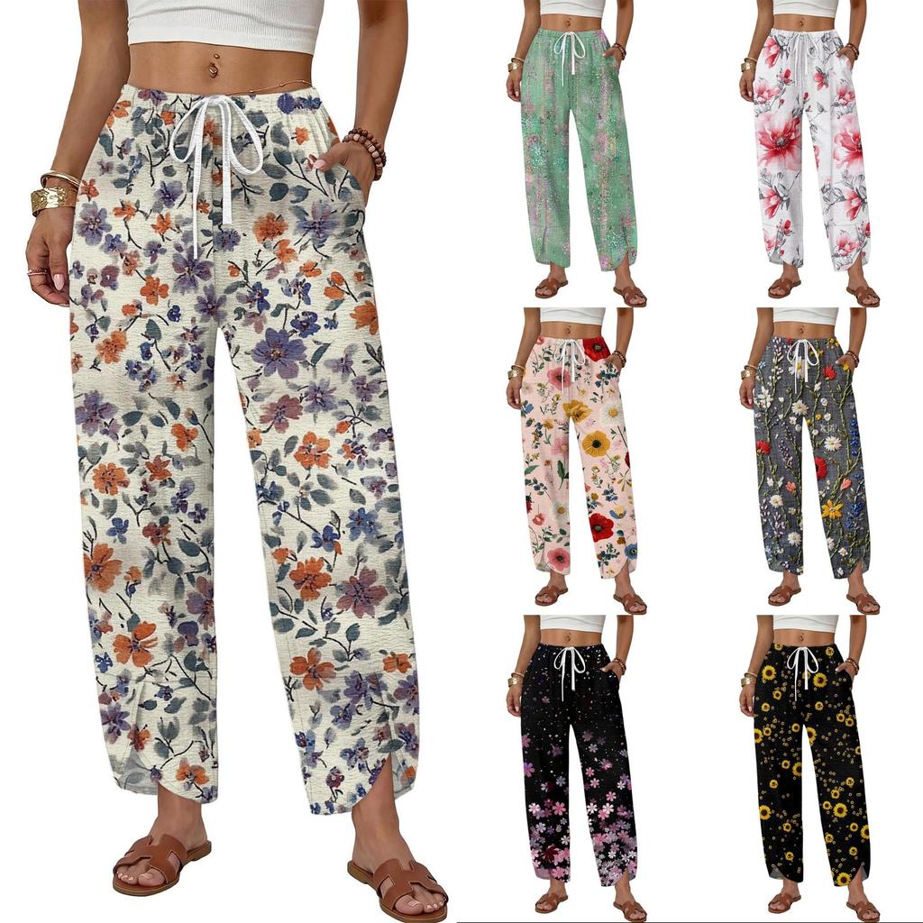 Womens Loose Drawstring Wide Leg Pants 2025 Summer Elastic Waist Casual Straight Leg Floral Print Lounge Trousers With Pockets