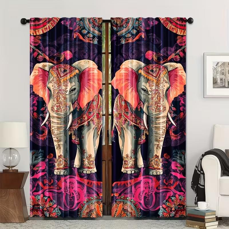 2 Pcs Retro elephant print curtains,suitable for bedroom,living room kitchen decoration,home decoration,window decoration