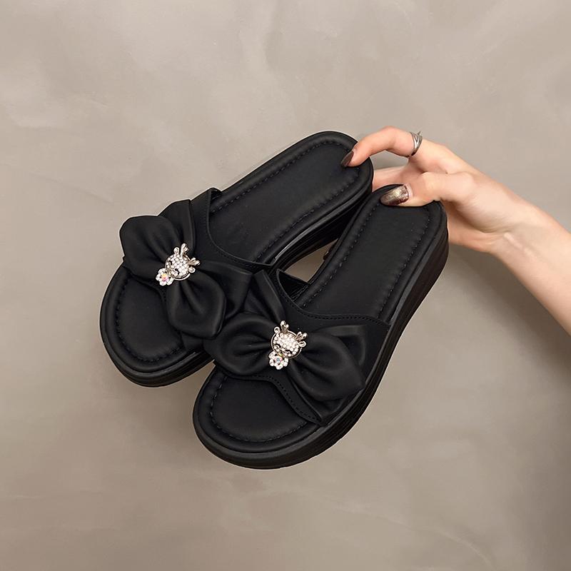 Slope Heel Slippers Summer New Round Head Open Toe Metal Buckle Butterfly Knot Waterproof Platform Non-slip Heel Shoes