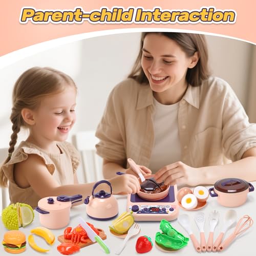 Cute Stone 61-Piece Play Kitchen Set, Includes Cookware, Pressure Cooker, Induction Cooktop, Pot, and Cookware, Realistic Ingredients, Cutting Play, P