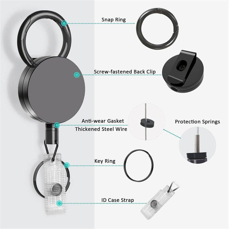 Retractable Keychain Badge Reel Holders Metal Heavy Duty With Carabiner Belt Clip And Key Ring For ID Card Name Holder