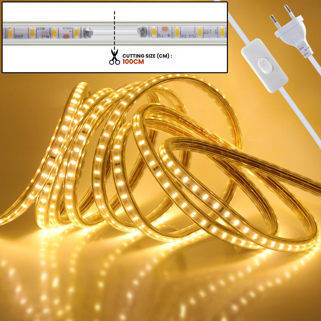 AC 220V LED Strip Light 120 LEDs/M IP65 Waterproof Flexible Ribbon Warm Natural White Blue Home Decor With On Off Switch