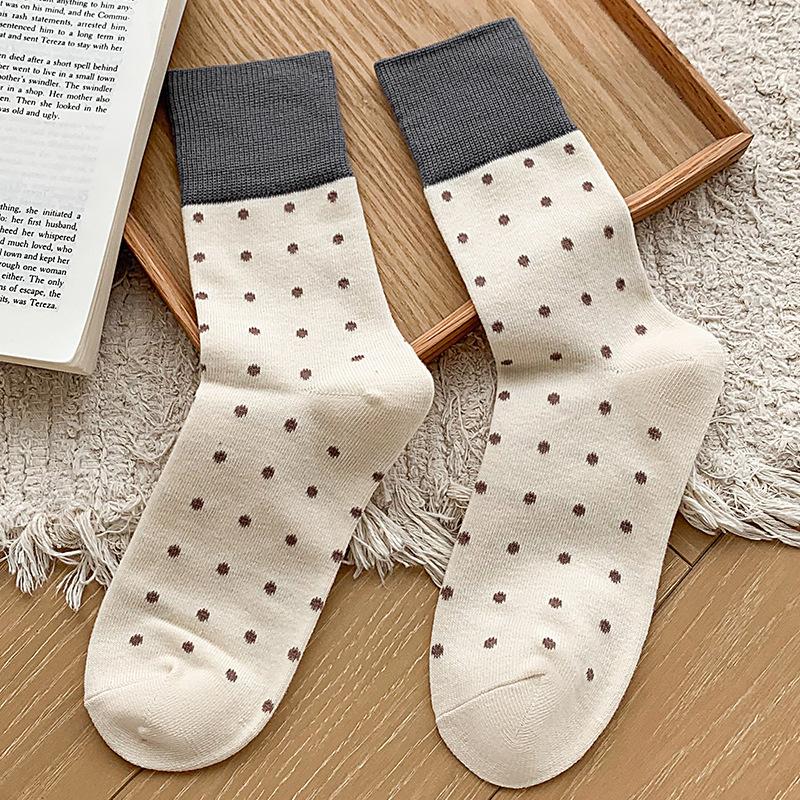 Socks Women'S Medium Tube Socks Polka Dots Personalized Contrasting Color Retro Mori Stacking Socks Season College Style Stockings