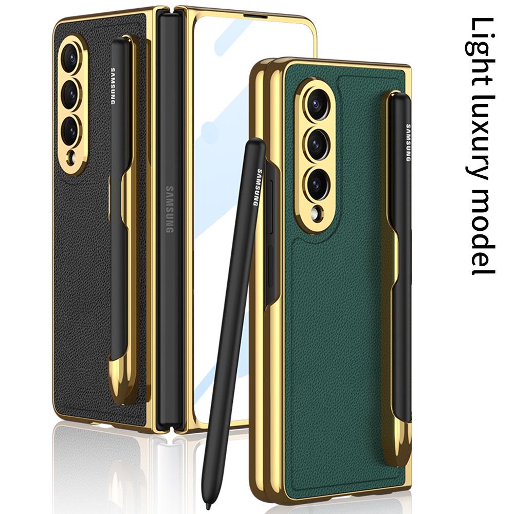 Samsung Z Fold 4 Pen Slot Leather Phone Case with Electroplated Finish and Camera Protection