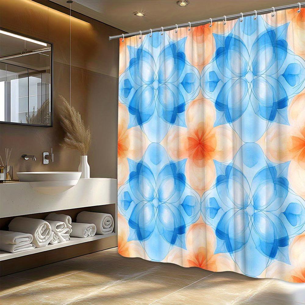 1pc Abstract Floral Shower Curtain - Symmetrical Blue & Peach Flowers On White, Polyester,  Machine Washable, Bathroom Decor