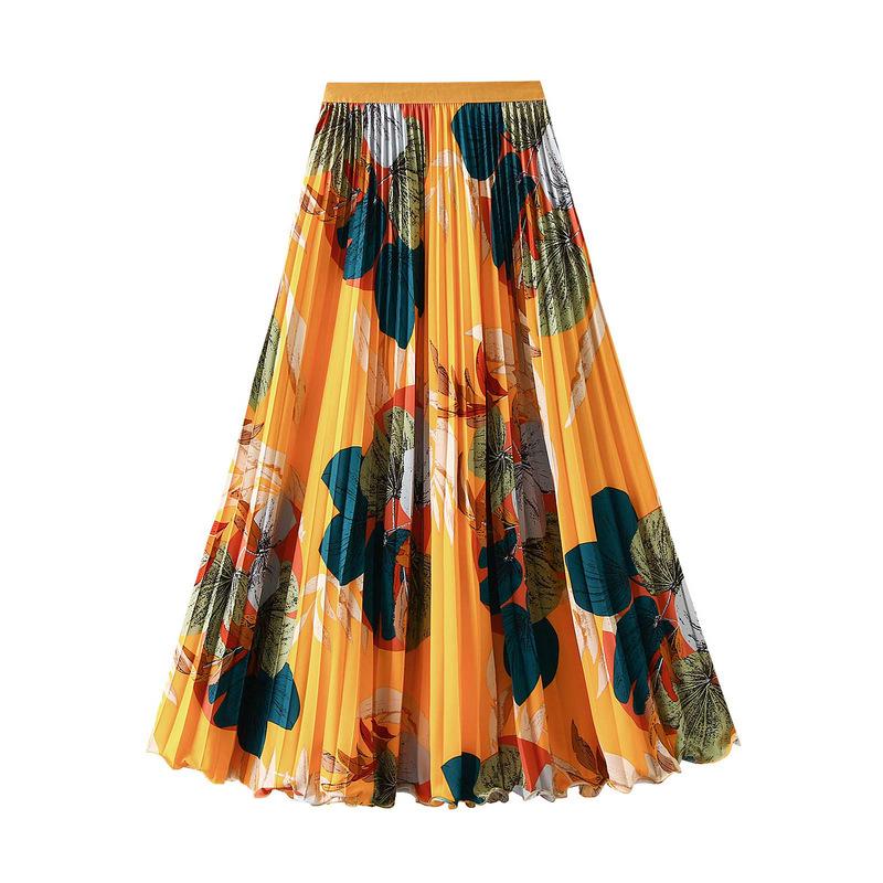 2026 Retro Floral Women's Pleated Long Skirt - Spring/Summer Flowing Hem Dress (D9908)